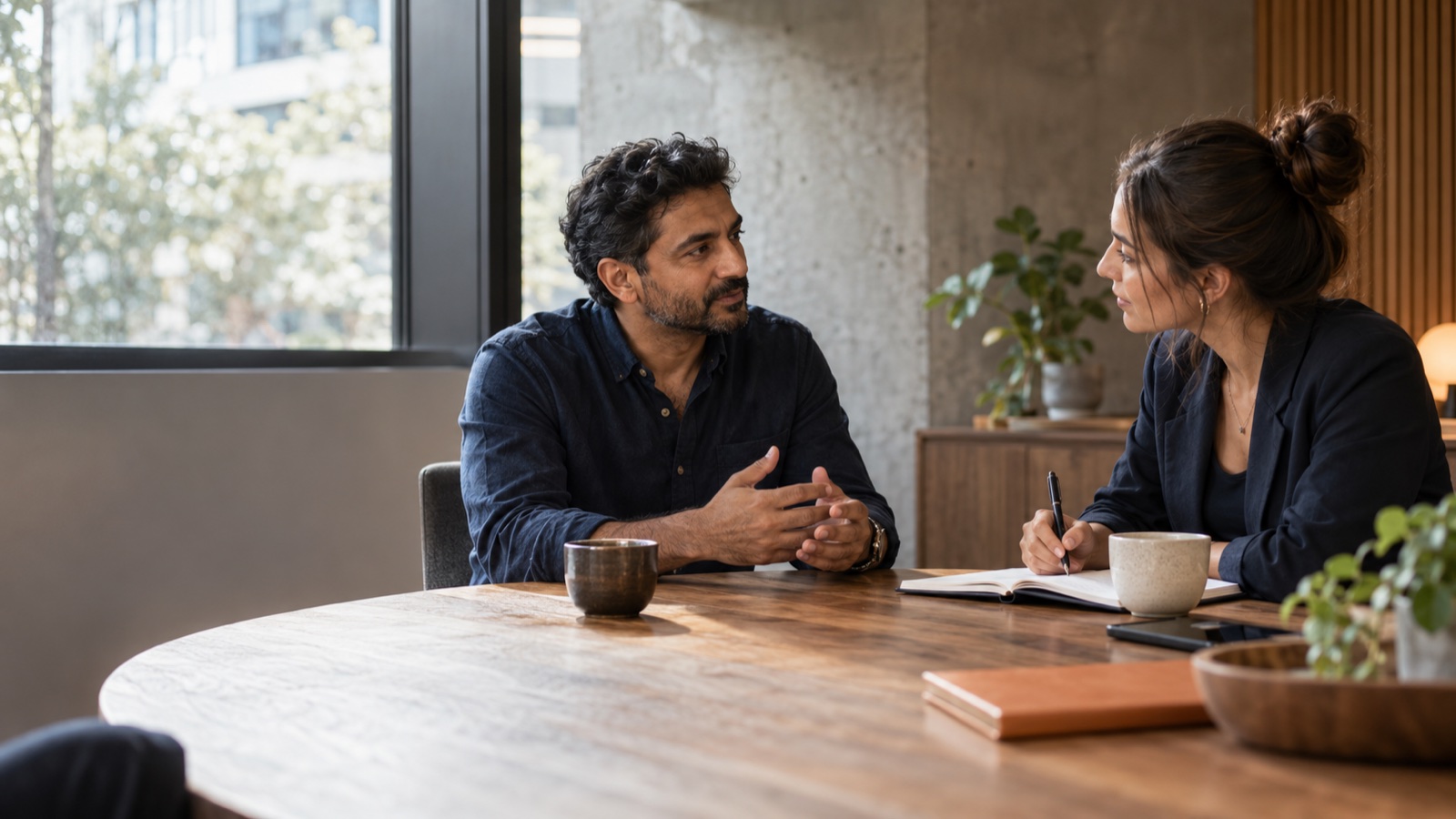 A technical candidate speaking with a recruitment partner in a quiet meeting room