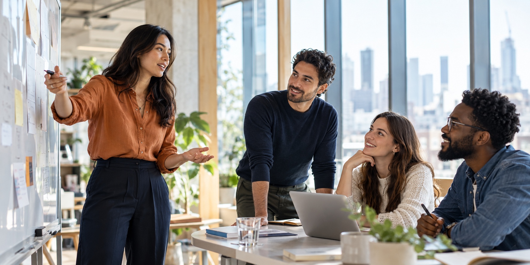 A technology team collaborating around a whiteboard in a bright workspace